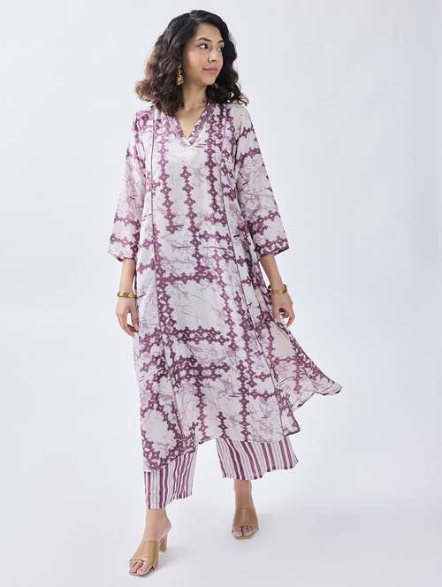 women off white printed kurta palazzo set