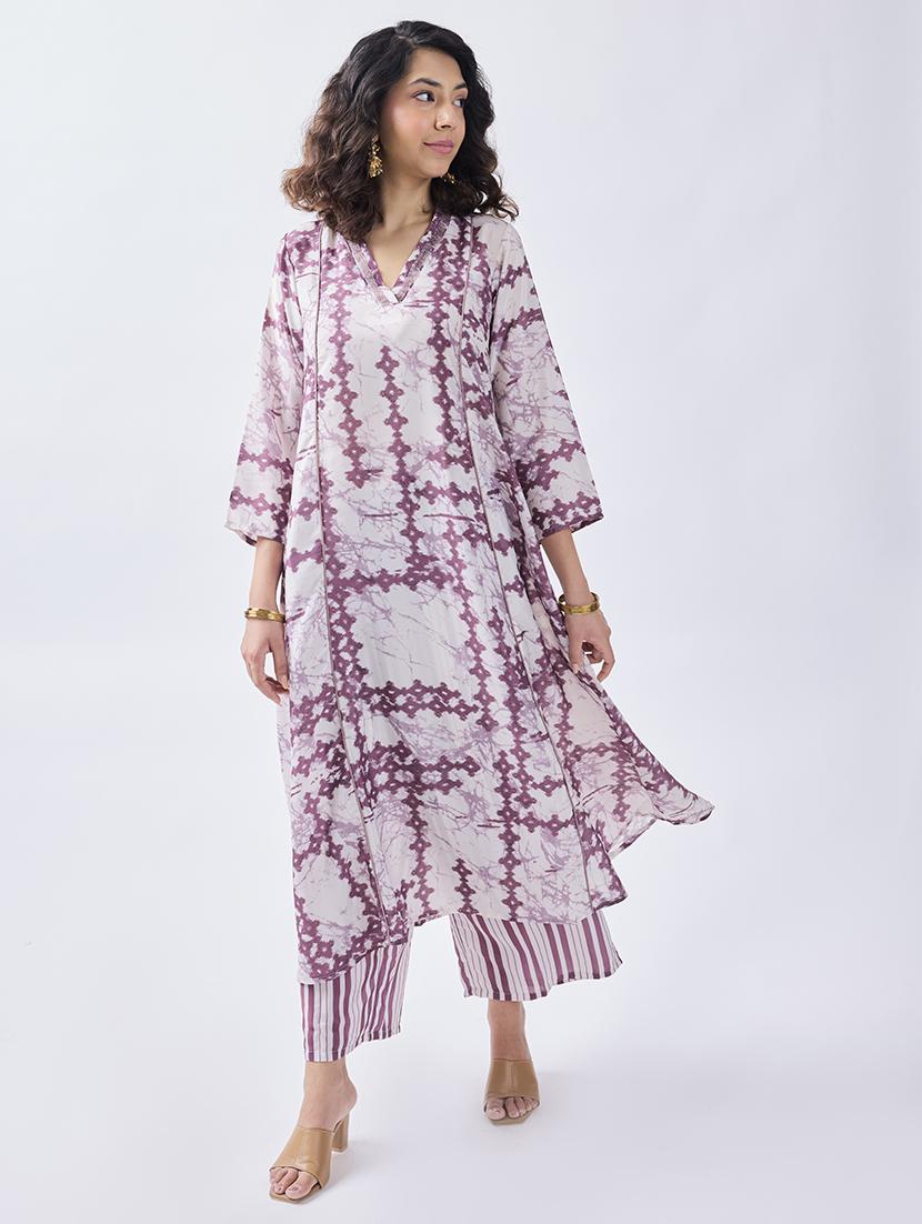 women off white printed kurta palazzo set
