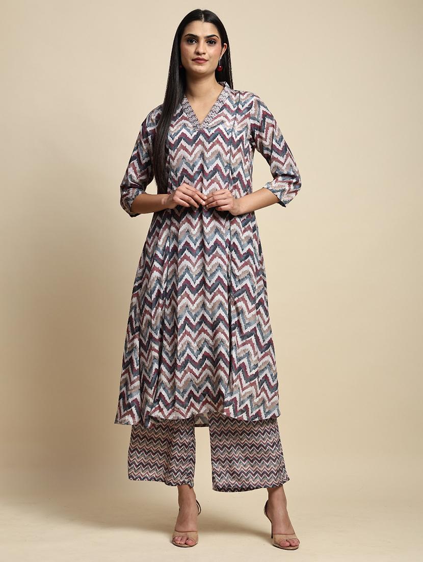 women chevron printed kurta palazzo co-ord sets - 21692301 - Standard Image - 2