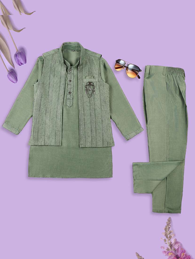 boys mandarin neck embroidered kurta pyjama set with jacket