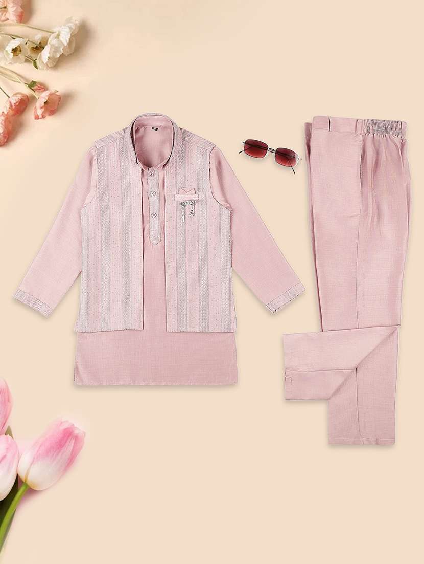 boys mandarin neck embroidered kurta pyjama set with jacket