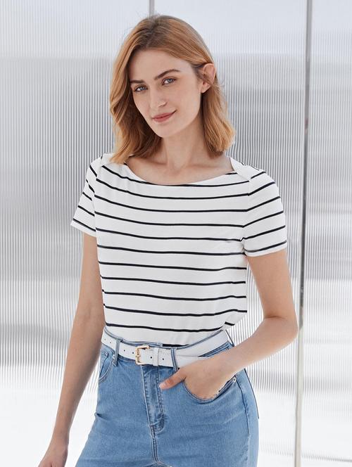women stripes printed short sleeve top - 21692372 -  Standard Image - 0