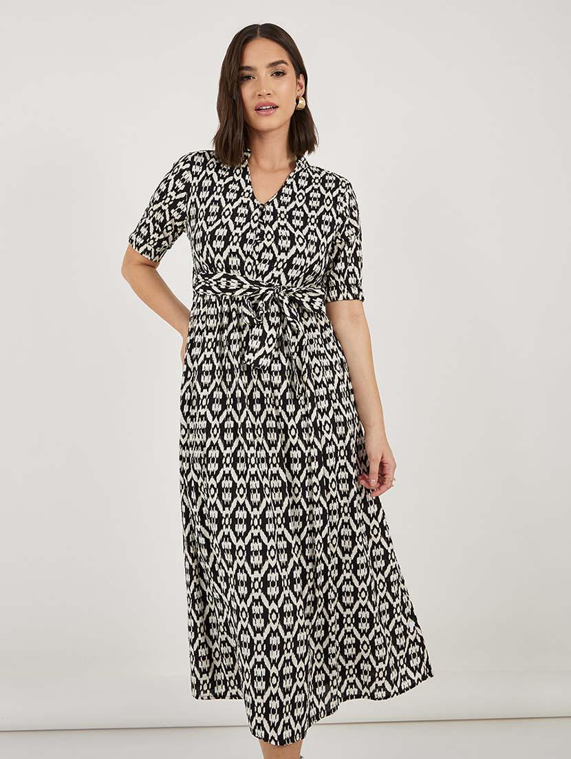 women printed mandarin neck a-line dress - 21692538 - Standard Image - 2
