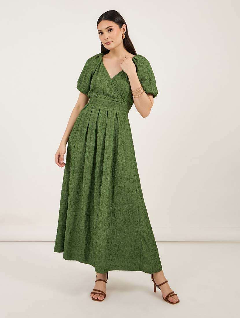 women solid puff sleeves fit & flare dress - 21692546 -  Standard Image - 2