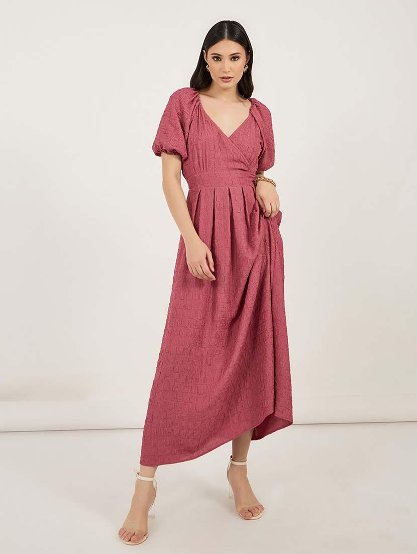 women solid puff sleeves fit & flare dress - 21692547 -  Zoom Image - 0