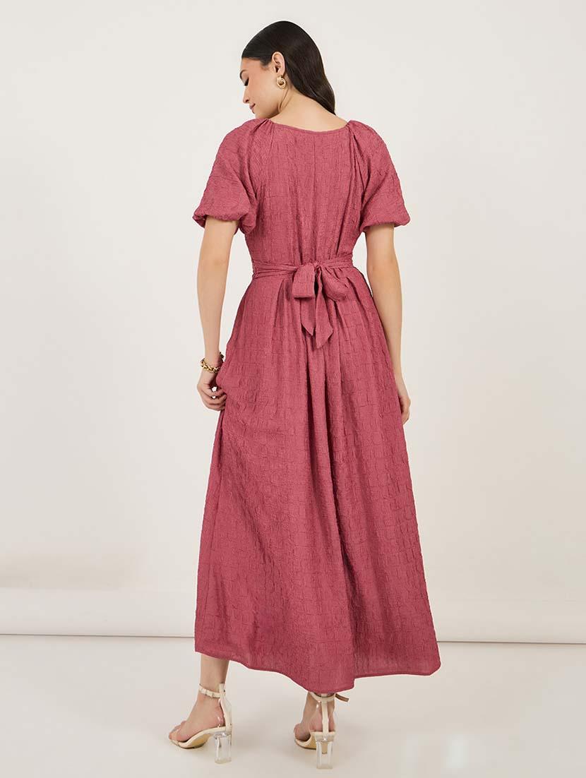 women solid puff sleeves fit & flare dress - 21692547 - Standard Image - 2