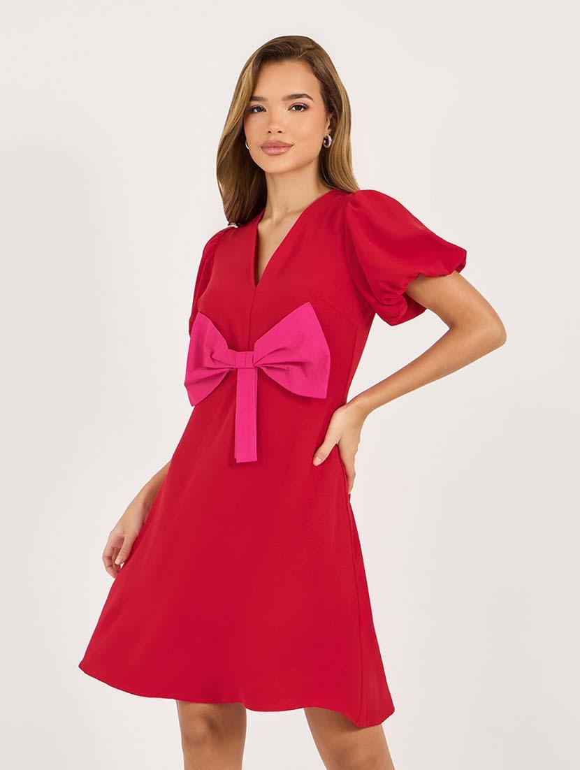 women solid puff sleeves front bow detailed a-line dress - 21692553 - Standard Image - 2