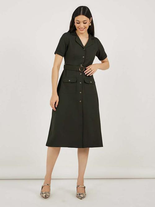 women solid lapel collar belted shirt dress - 21692555 - Standard Image - 0