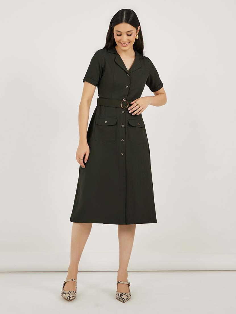 women solid lapel collar belted shirt dress - 21692555 - Zoom Image - 0