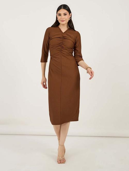 women solid ruched detailed sheath dress - 21692558 - Standard Image - 0