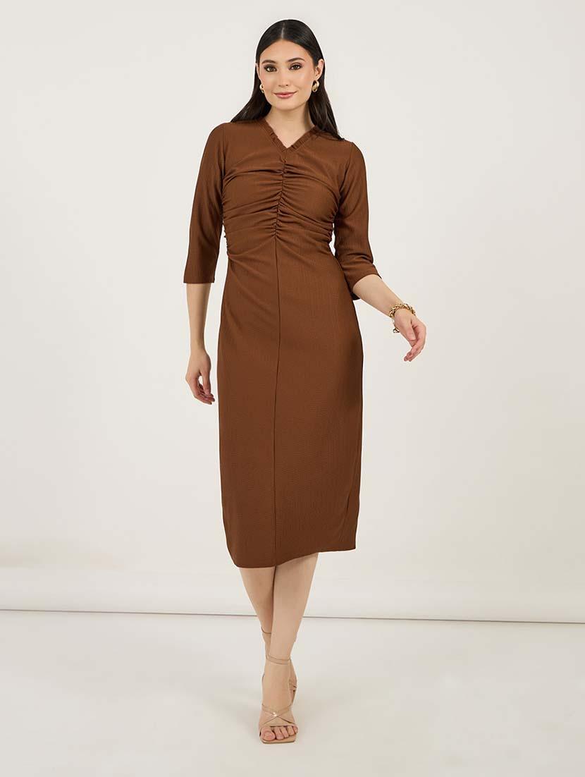 women solid ruched detailed sheath dress - 21692558 - Zoom Image - 0