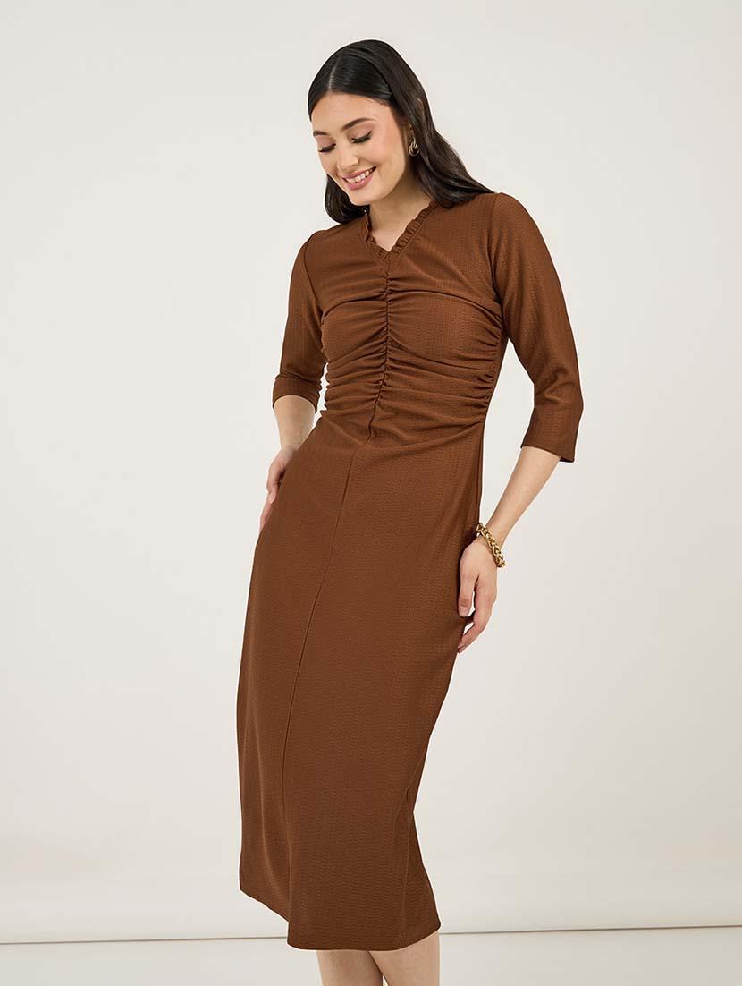 women solid ruched detailed sheath dress - 21692558 - Standard Image - 2