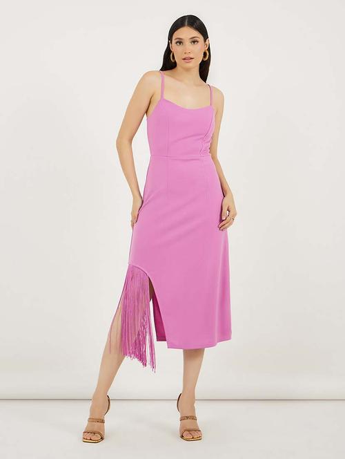 women solid shoulder strap fringe detailed a-line dress - 21692562 - Standard Image - 0