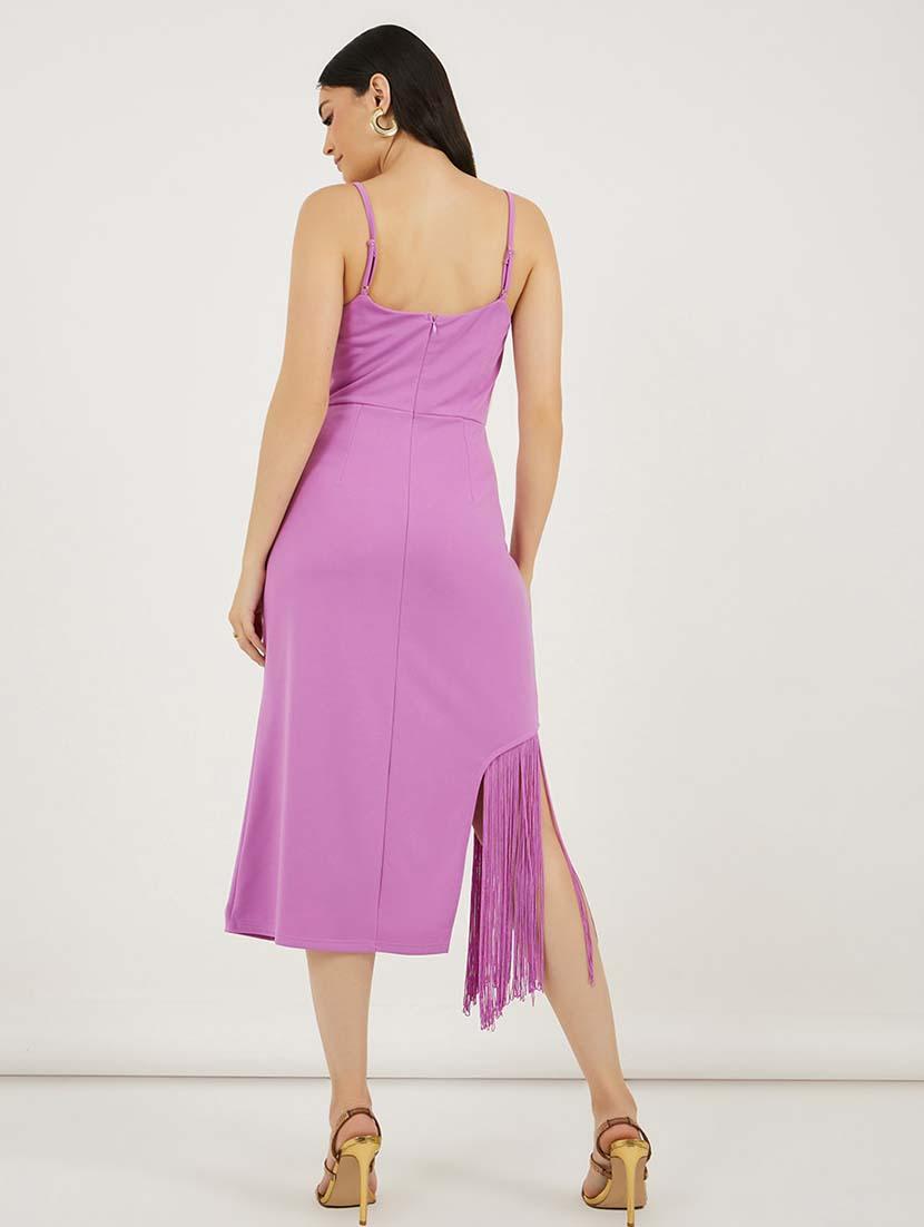 women solid shoulder strap fringe detailed a-line dress - 21692562 - Standard Image - 2