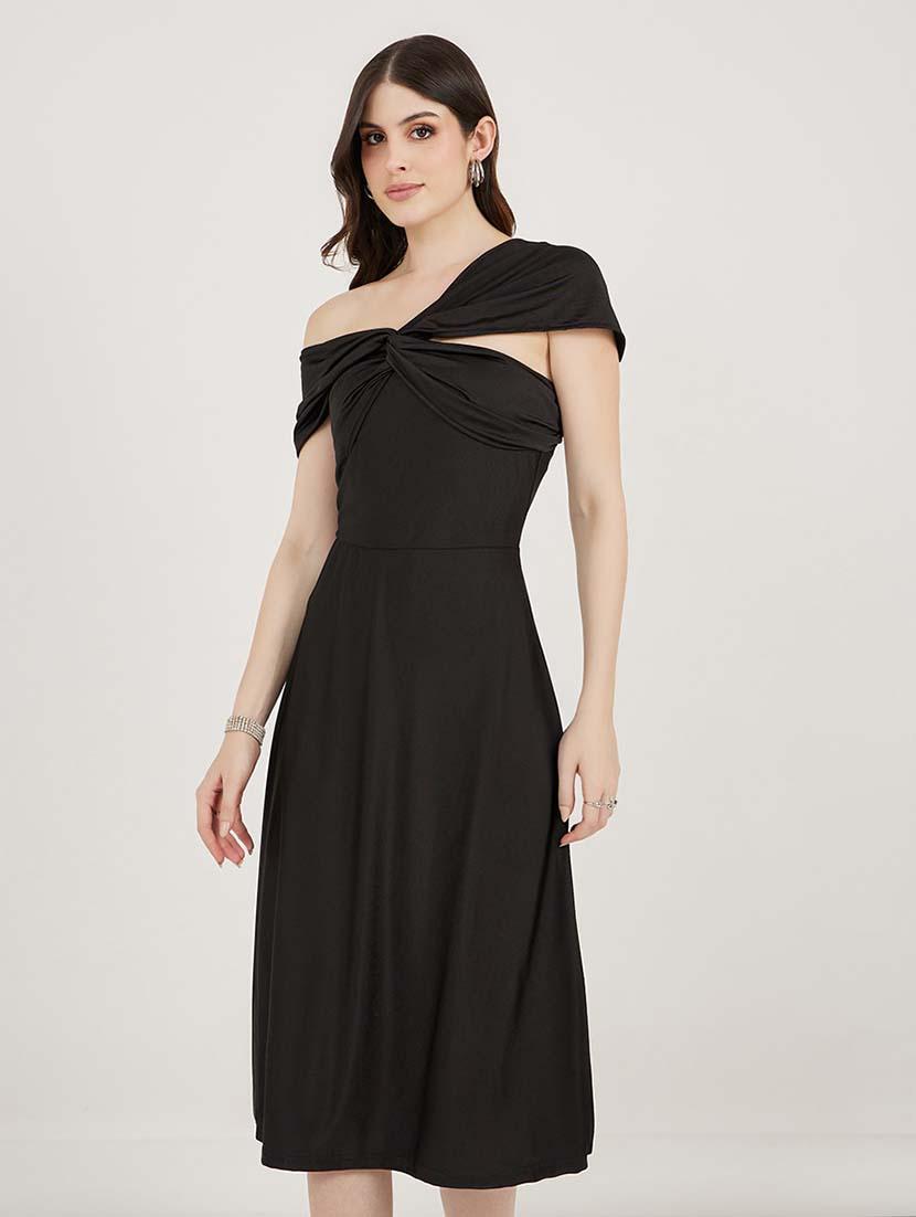 women solid asymmetric neck a-line dress - 21692563 - Standard Image - 2