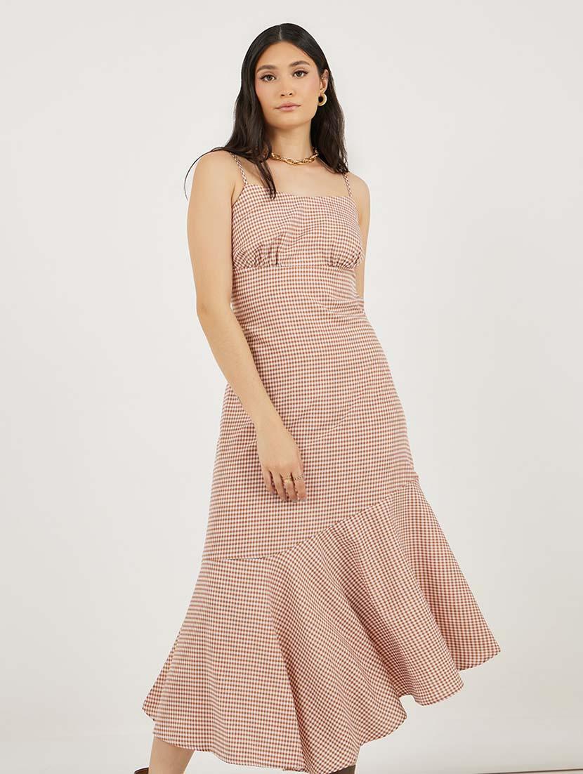 women checkered shoulder strap tiered dress - 21692567 - Standard Image - 2