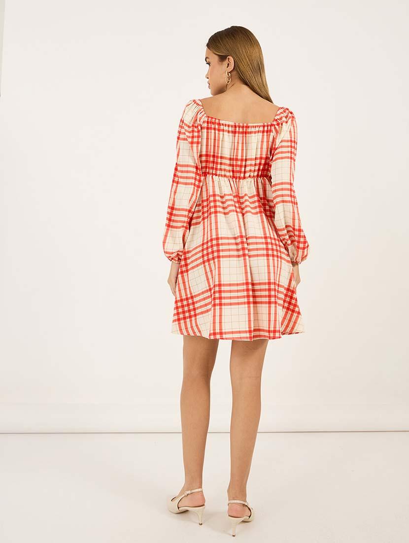 women checkered puff sleeves fit & flare dress - 21692568 - Standard Image - 2