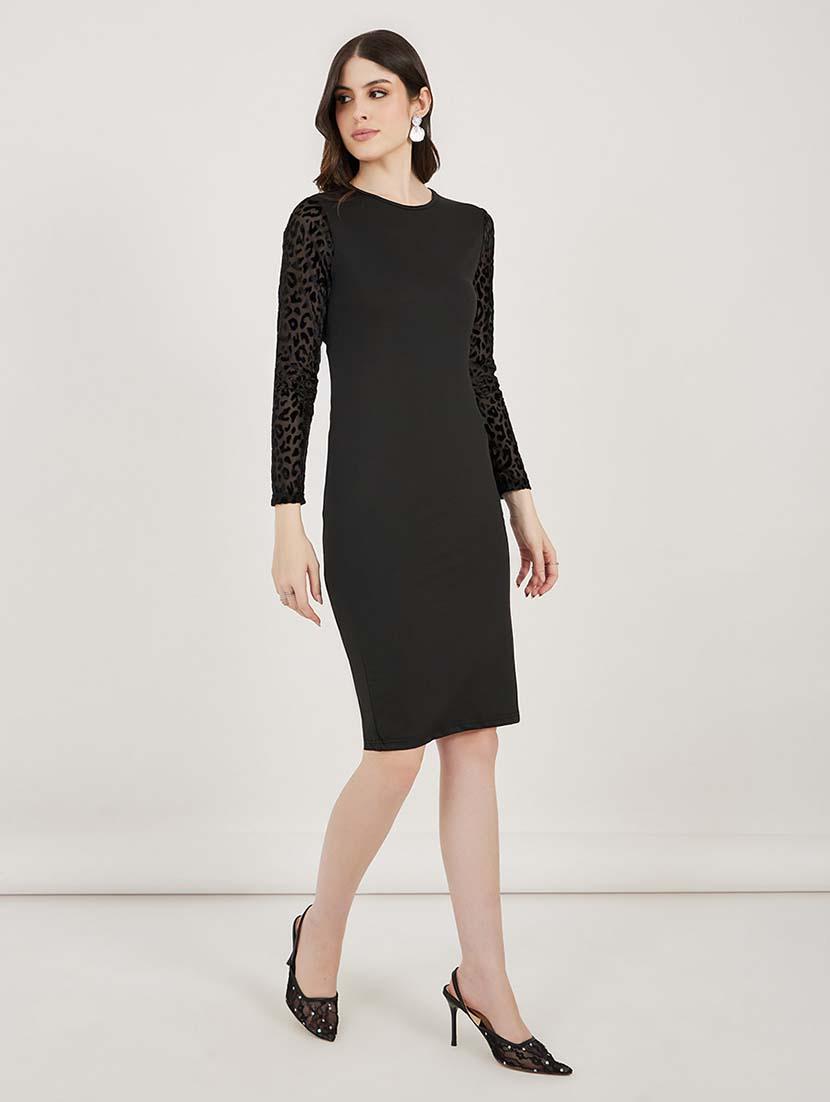 women solid puff sleeves bodycon dress - 21692576 - Standard Image - 2