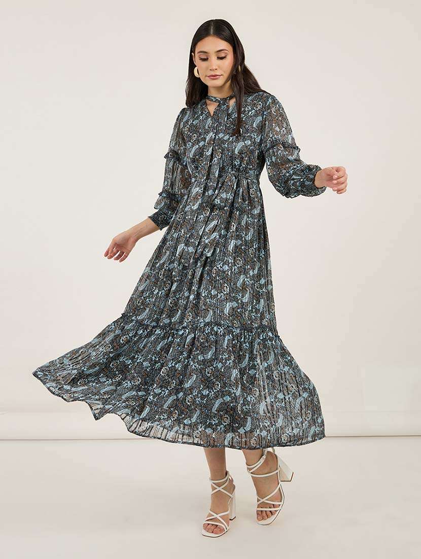 women printed puff sleeves tiered dress