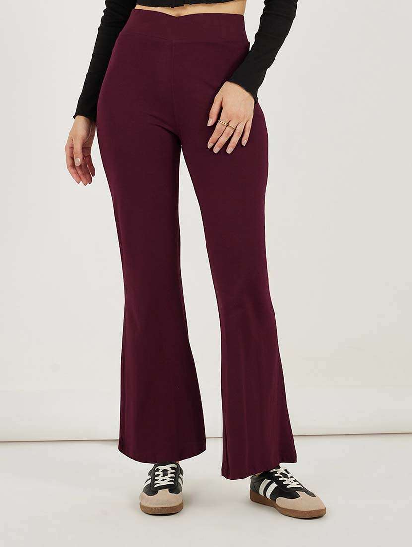 women solid high rise bootcut trouser