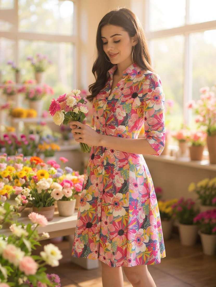 women floral printed shirt collar neck a-line dress