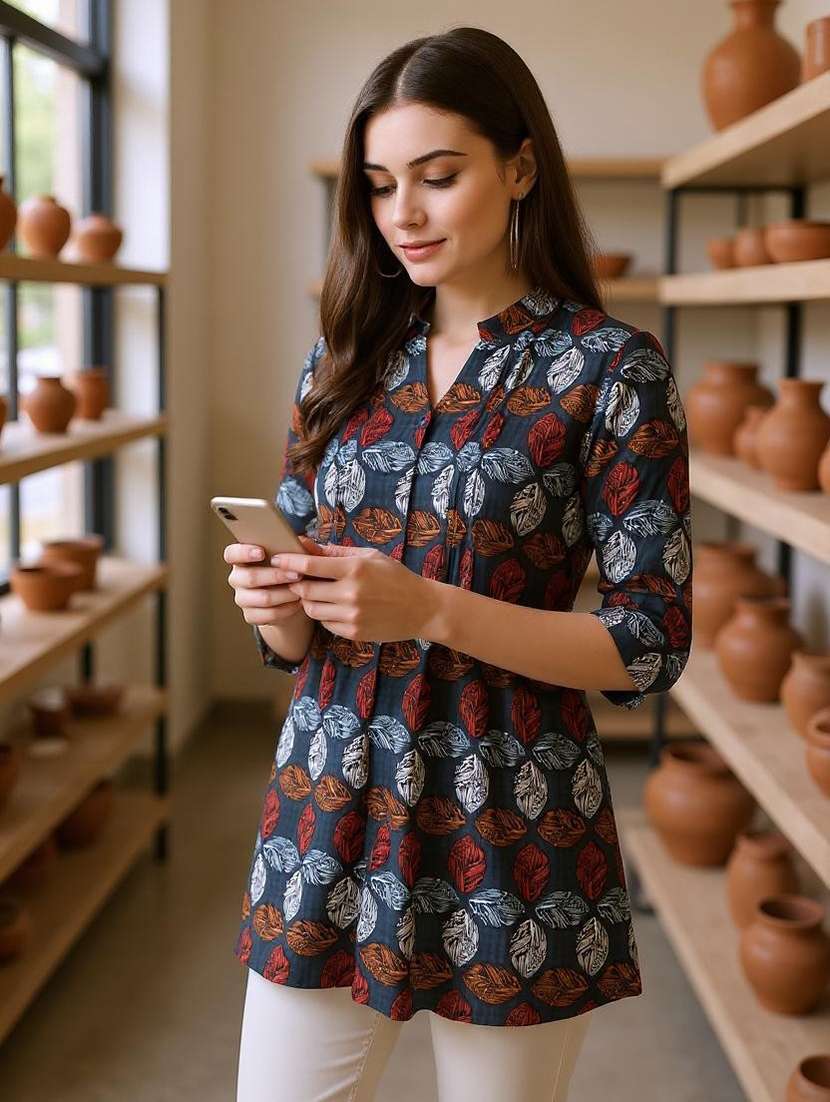 women printed mandarin neck a-line tunic