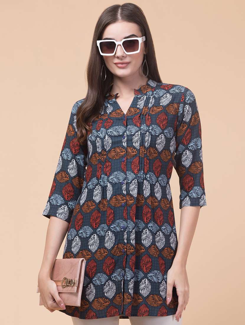women printed mandarin neck a-line tunic - 21692640 -  Standard Image - 2