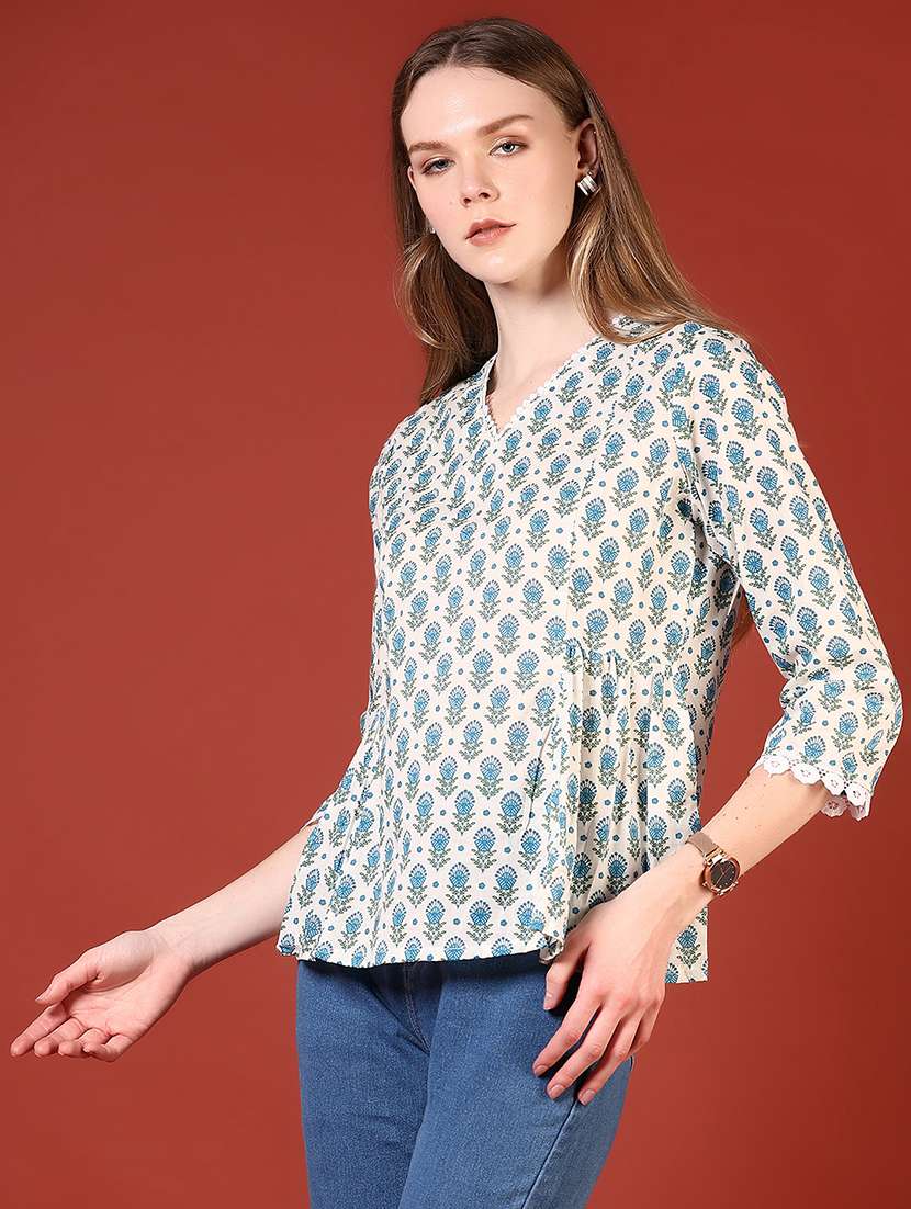 women printed three quarter sleeve a-line top - 21692765 - Standard Image - 2