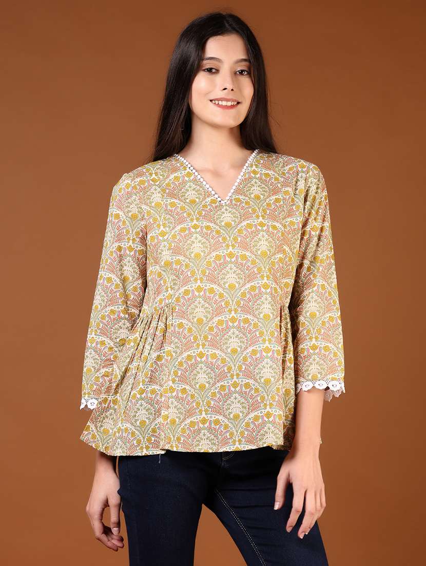 women yellow printed three quarter sleeve a-line top