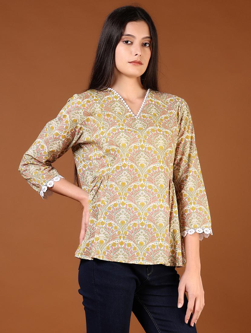 women yellow printed three quarter sleeve a-line top - 21692766 - Standard Image - 2