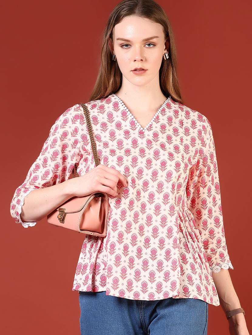 women pink printed three quarter sleeve a-line top