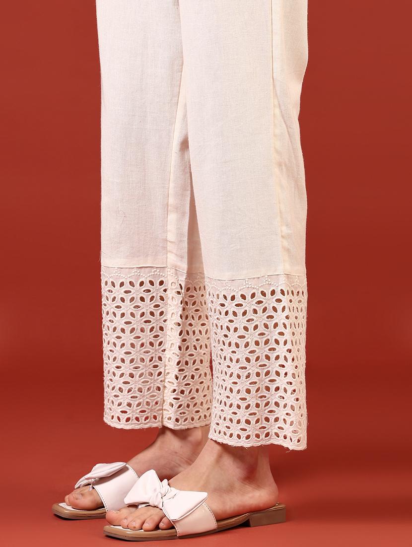 women solid lace hem straight pants - 21692772 - Standard Image - 2