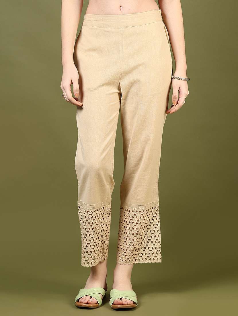 women solid lace hem straight pant