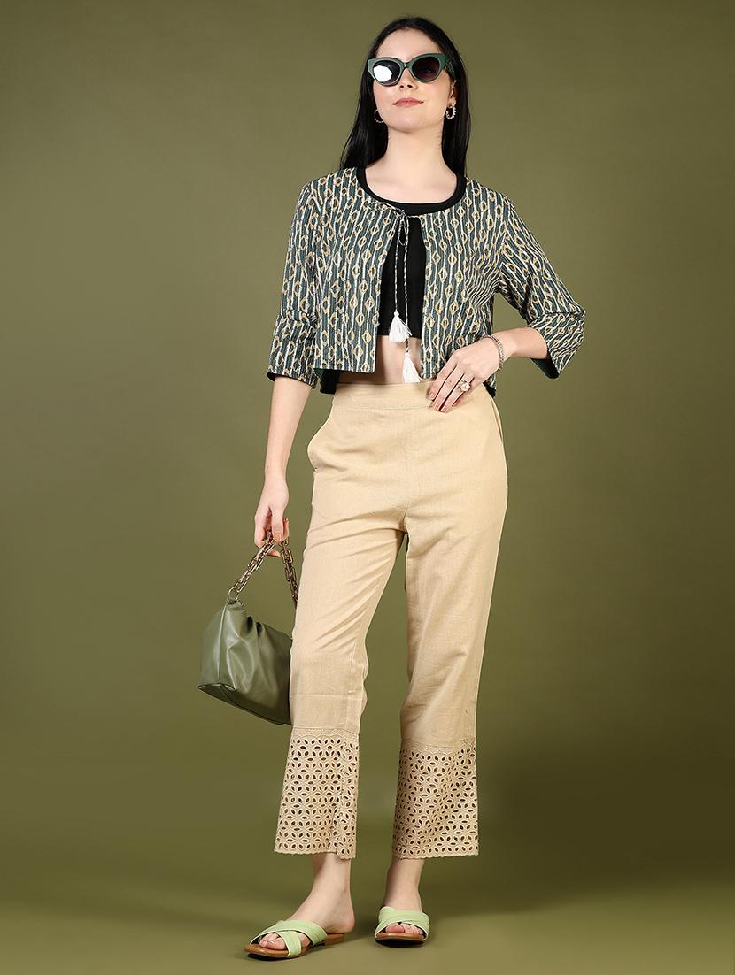 women solid lace hem straight pant - 21692773 - Standard Image - 7