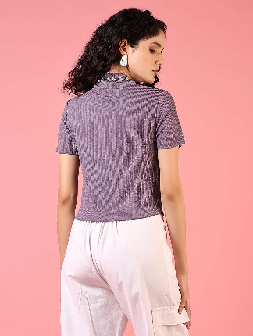 women solid mock neck slim fit top - 21692775 -  Standard Image - 2