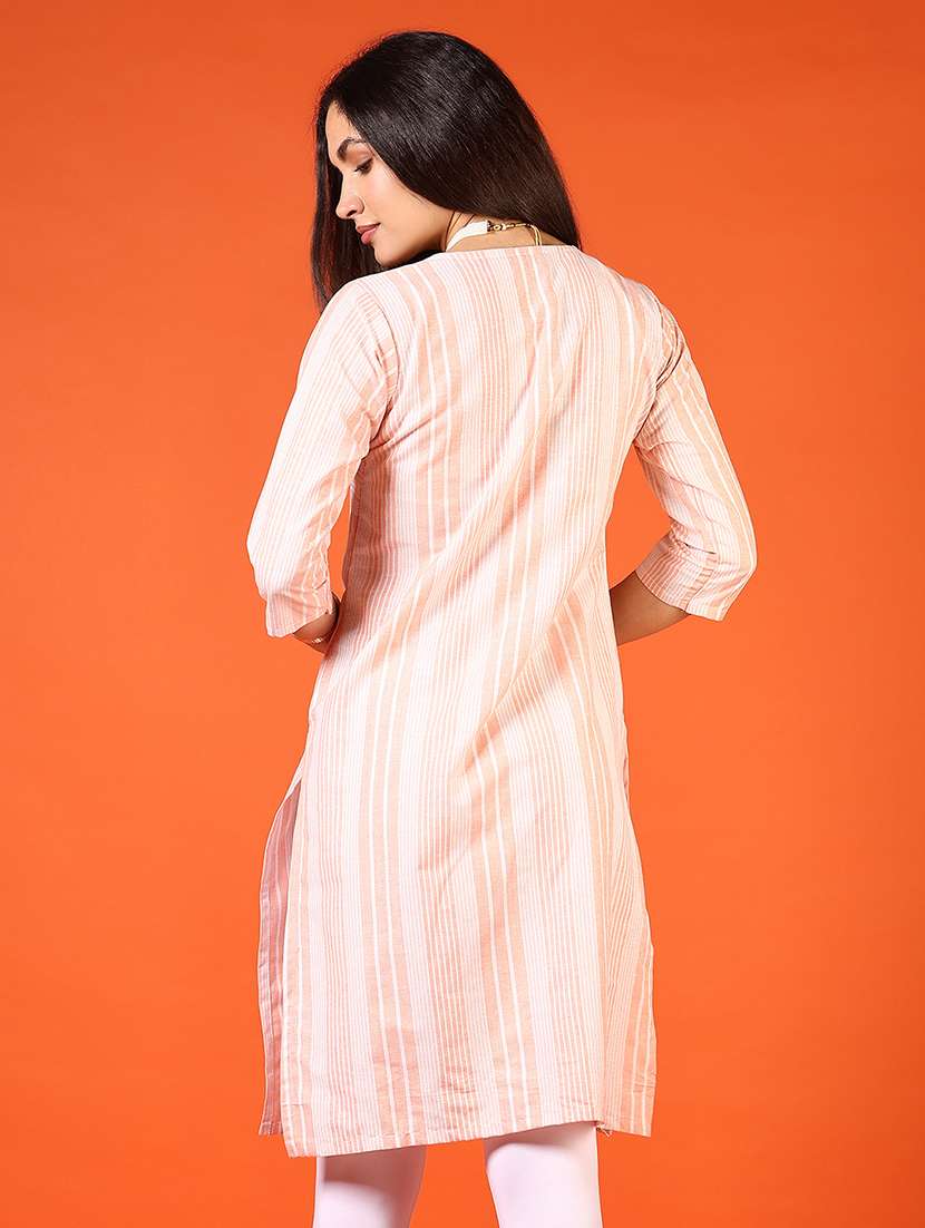 women peach striped three quarter sleeve straight kurta - 21692786 -  Standard Image - 2