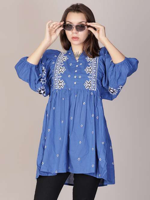 women blue embroidered puff sleeve a-line tunic