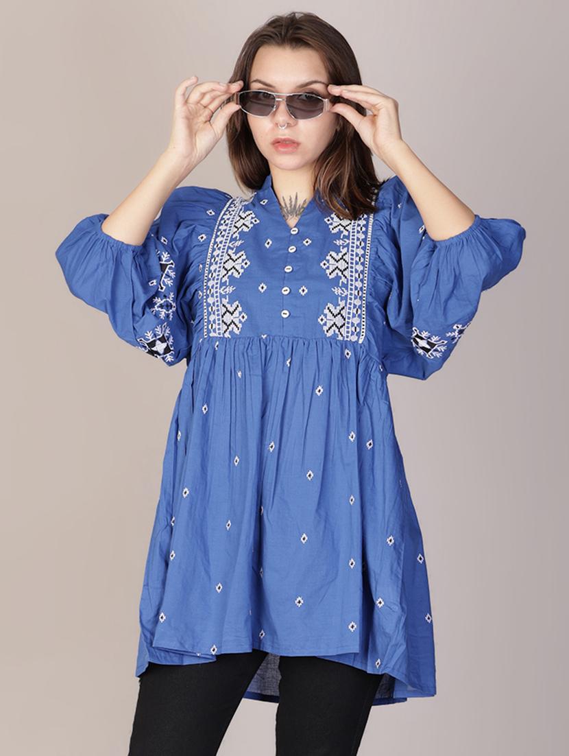 women blue embroidered puff sleeve a-line tunic - 21692789 - Zoom Image - 0