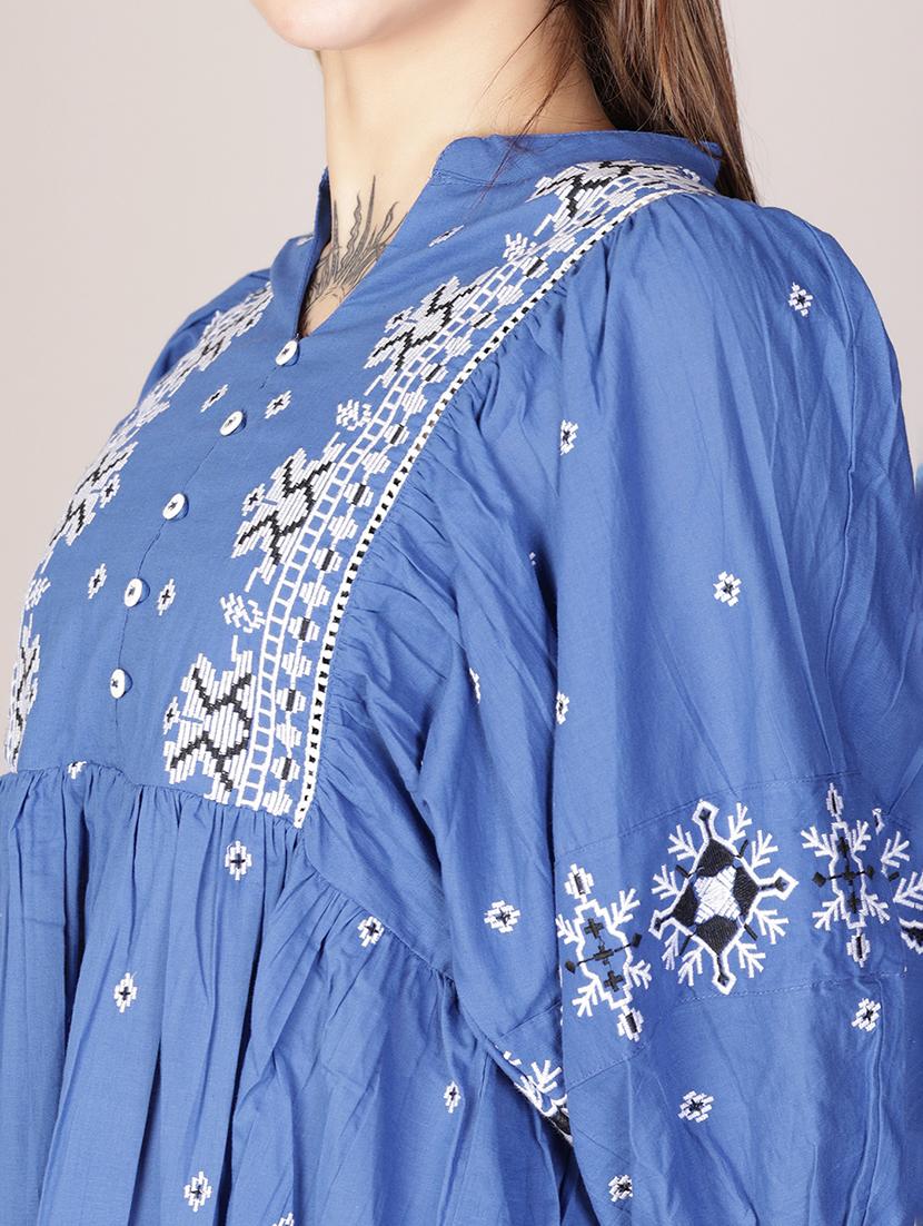 women blue embroidered puff sleeve a-line tunic - 21692789 - Standard Image - 2