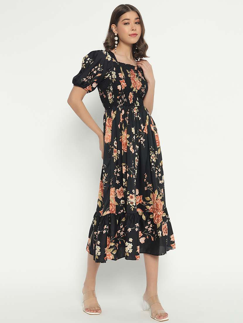 women printed puff sleeves tiered dress
