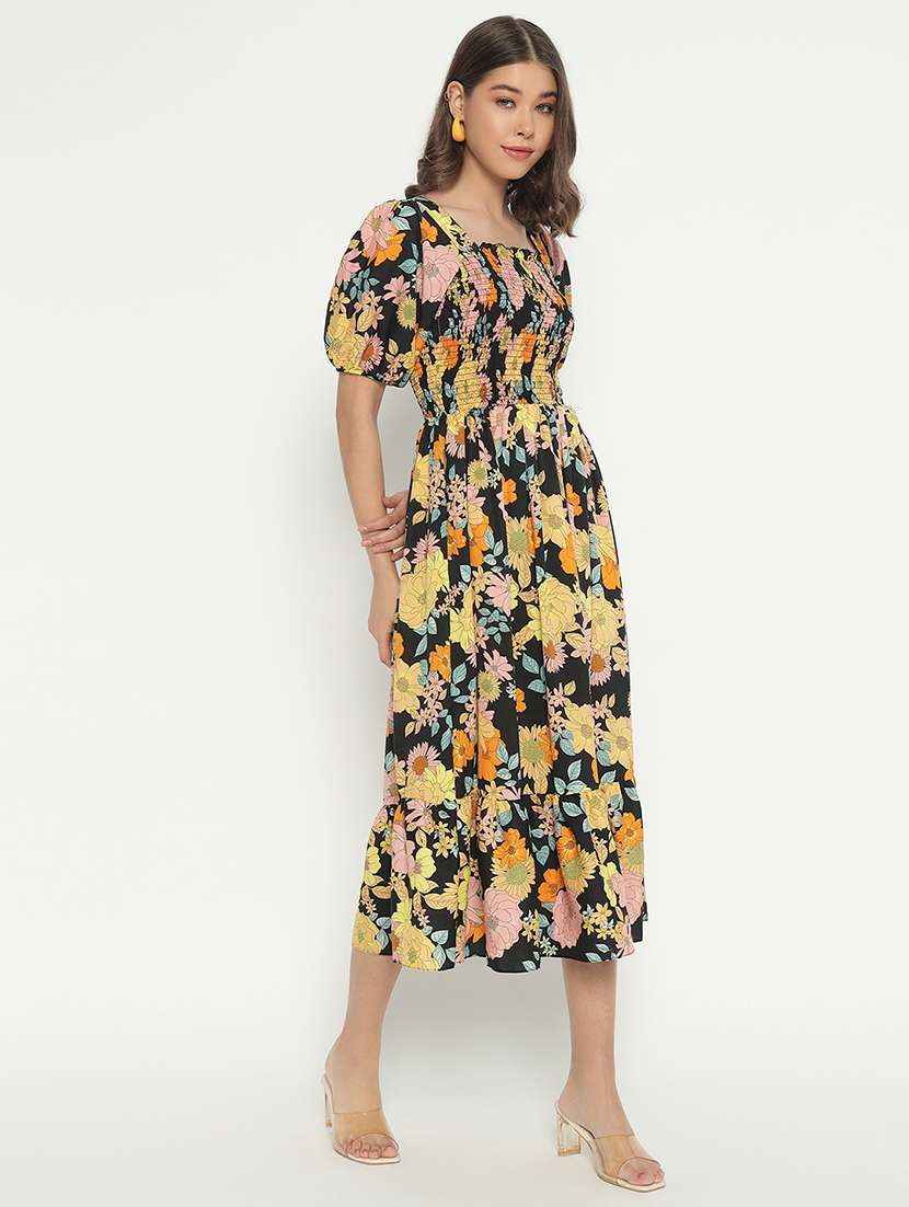 women printed puff sleeves tiered dress