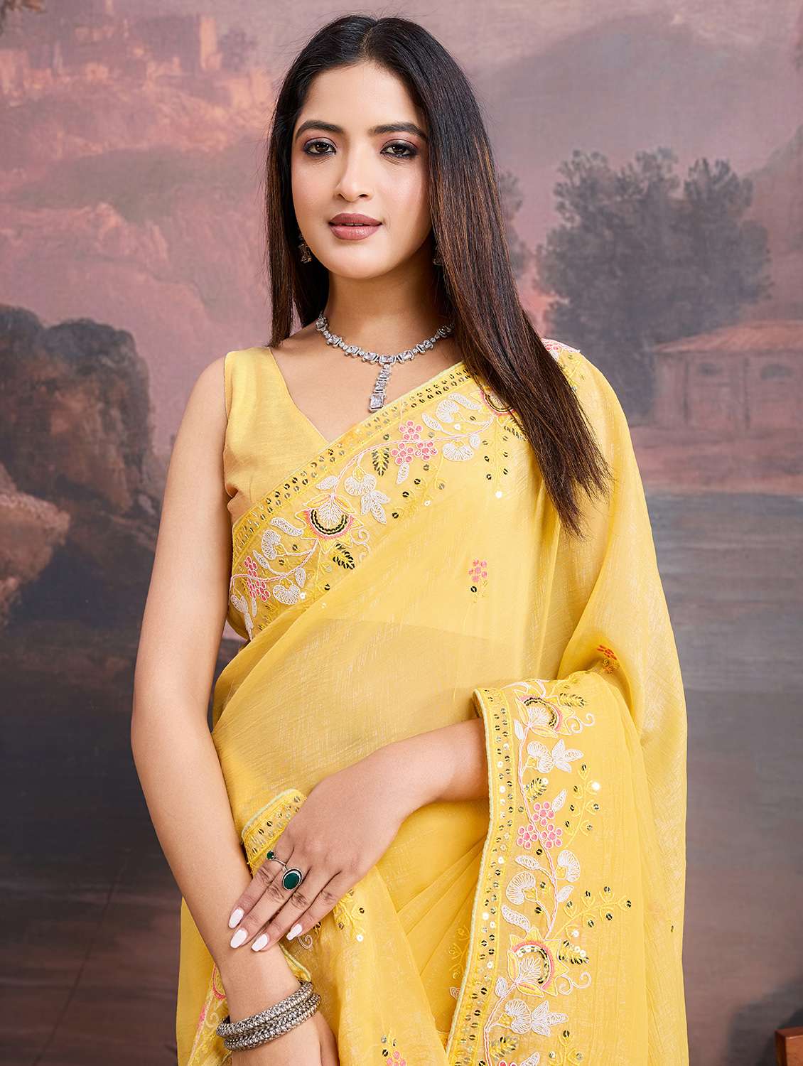 yellow organza embroidered saree with blouse - 21693000 - Standard Image - 2