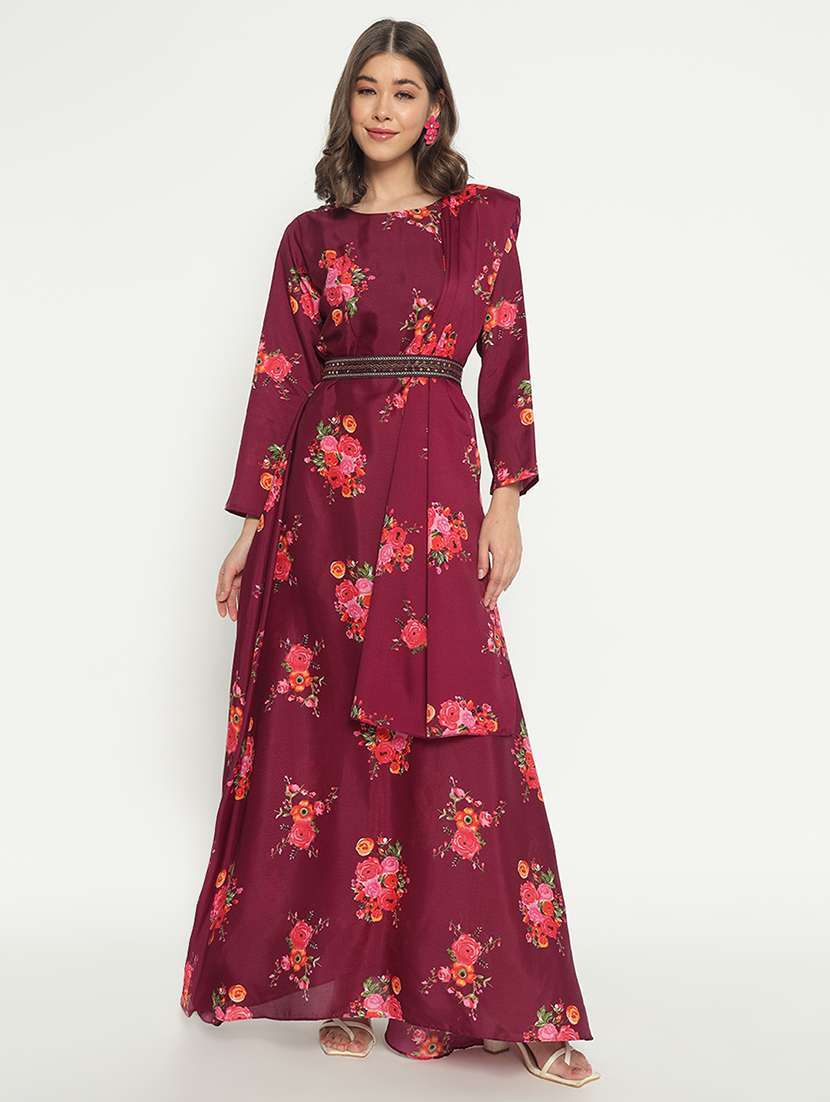 women floral printed a-line dress attached dupatta with belt