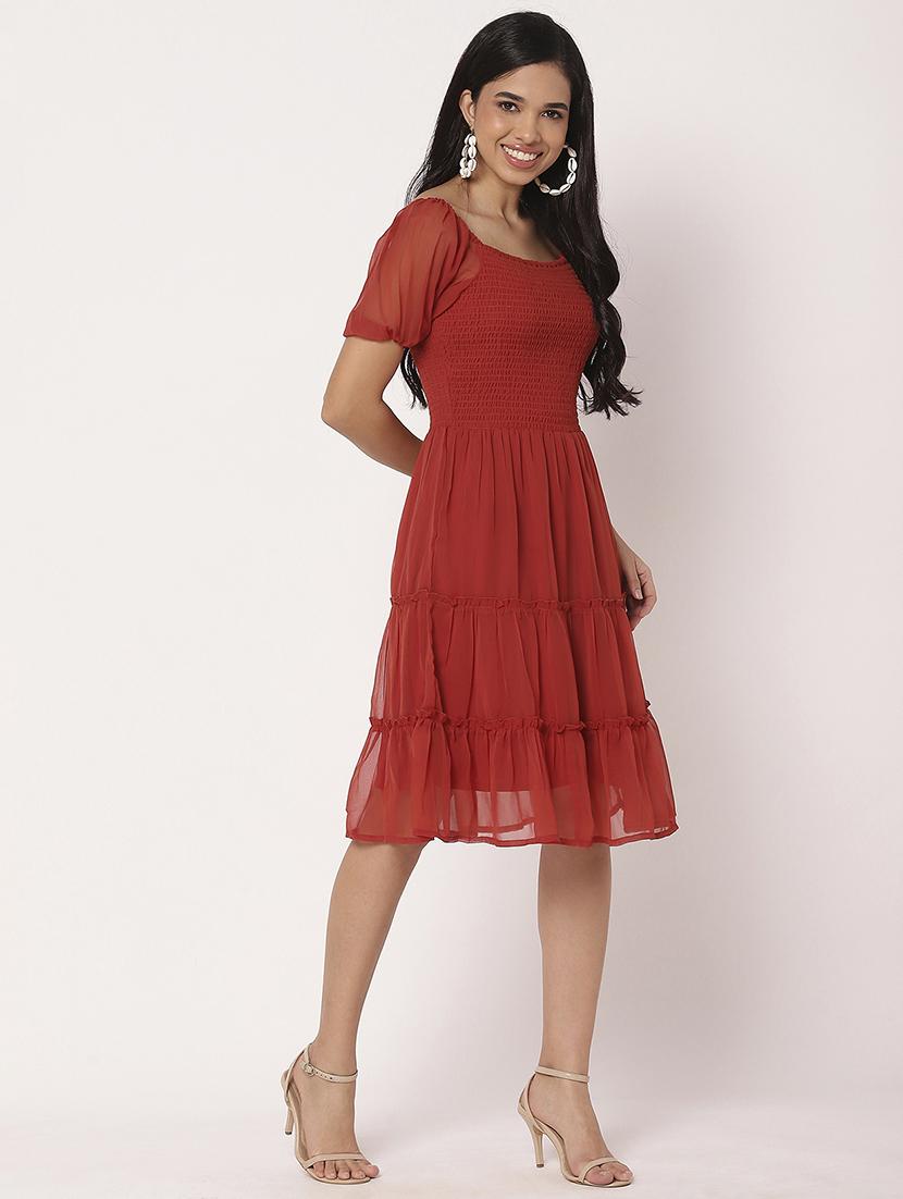 women solid puff sleeves tiered dress - 21693222 - Standard Image - 2