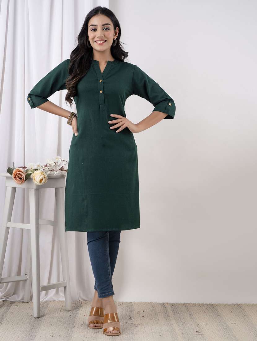 women solid roll up sleeve straight kurta
