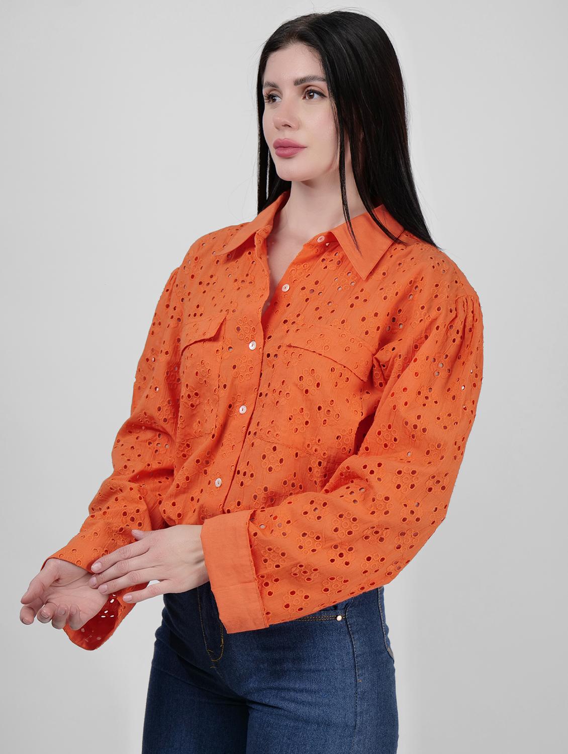 women schiffli detailed collared puff sleeves shirt - 21693251 - Zoom Image - 0