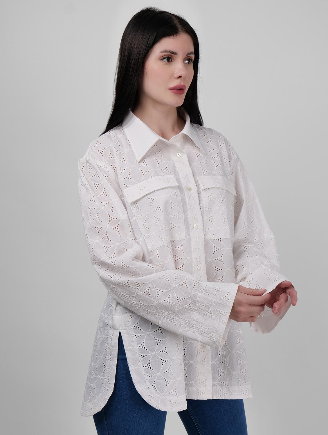 women schiffli detailed collared puff sleeves shirt - 21693252 - Standard Image - 2