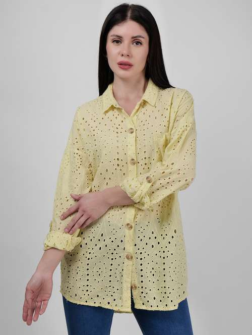 women schiffli detailed collared drop sleeves shirt - 21693253 - Standard Image - 0