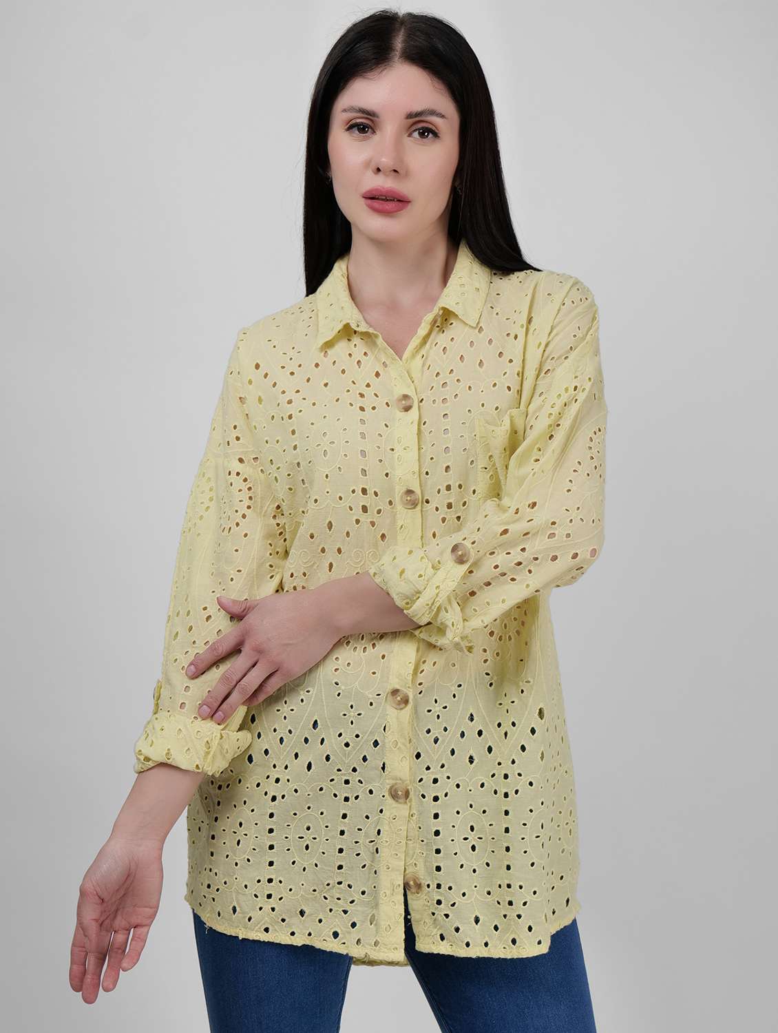 women schiffli detailed collared drop sleeves shirt - 21693253 - Zoom Image - 0