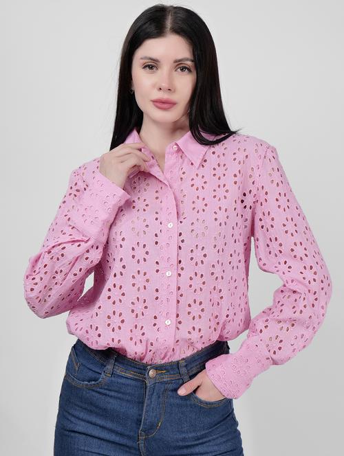 women schiffli detailed collared puff sleeves shirt - 21693254 - Standard Image - 0